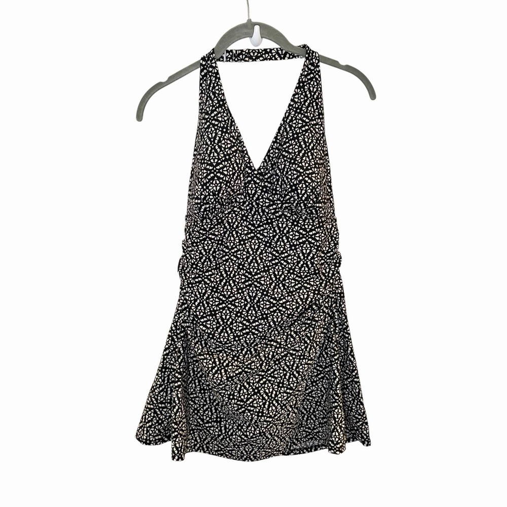 L.L.Bean Women's Tankini Swim Top Size 4 Black White Halter Ruched UPF 50+ Paded